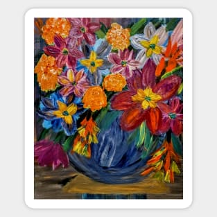 abstract vibrant colorful flowers in a glass vase with gold accent on base and top of vase Sticker